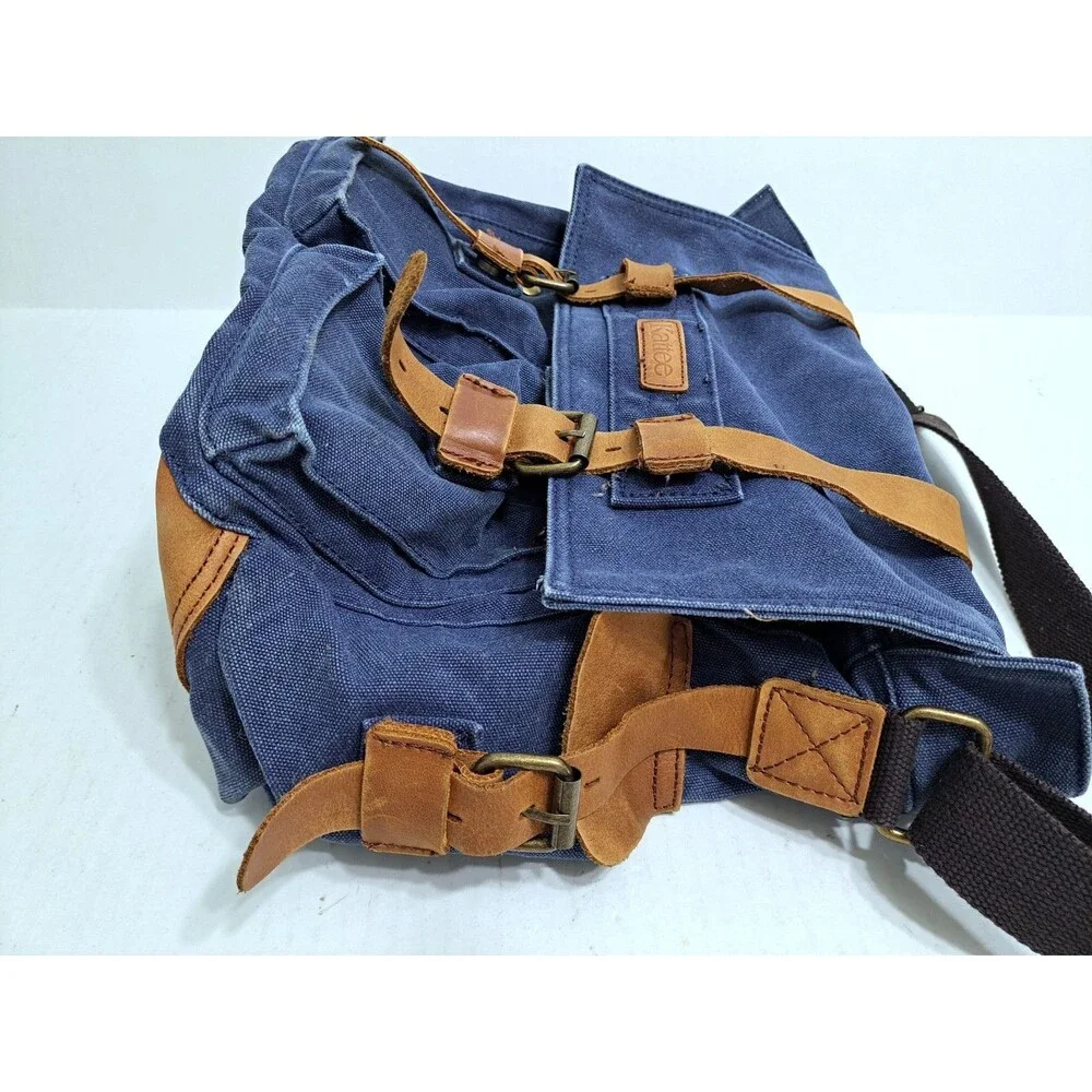 Kattee Military Messanger Bag Canvas Leather Shoulder Bag Camera Laptop Blue